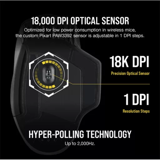 CORSAIR Vezetékes/Vezeték Nélküli Egér Gaming, DARK CORE RGB PRO, 8 programozható gomb, RGB, 18000dpi, fekete