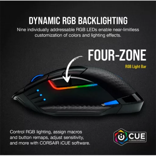 CORSAIR Vezetékes/Vezeték Nélküli Egér Gaming, DARK CORE RGB PRO, 8 programozható gomb, RGB, 18000dpi, fekete