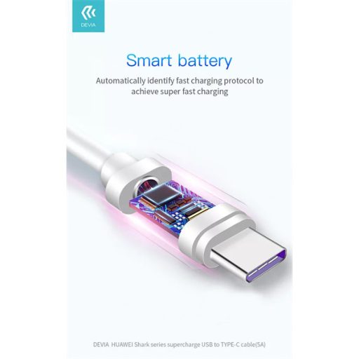 Devia Smart Series Shark USB - USB-C (Type-C) töltő- és adatkábel , 5A,  fehér, 1,5m