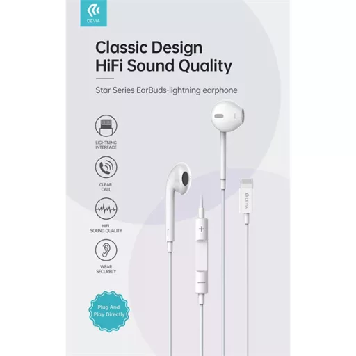 DEVIA UNIVERZÁLIS SZTEREÓ FELVEVŐS FÜLHALLGATÓ - LIGHTNING - STAR SERIES EARBUDS LIGHTNING EARPHONE - FEHÉR
