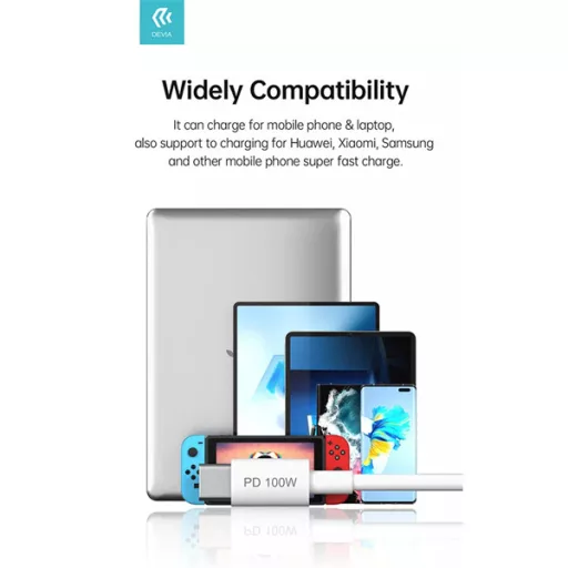 DEVIA USB-C - USB C (Type-C) ADAT ÉS TÖLTŐKÁBEL - SMART SERIES 100W PD, FEHÉR, 1,5m