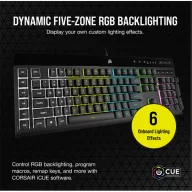   CORSAIR Vezetékes Billentyűzet Gaming, K55 RGB PRO, 6 programozható billentyű, Cseppálló, Csuklótámasz, US, fekete