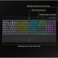   CORSAIR Vezetékes Billentyűzet Gaming, K55 RGB PRO, 6 programozható billentyű, Cseppálló, Csuklótámasz, US, fekete