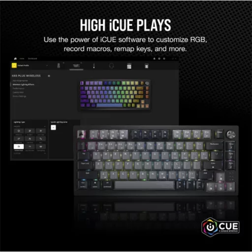 CORSAIR Vezeték Nélküli Billentyűzet Gaming, K65 PLUS 75%, Mechanikus, MLX Red switch, US, fekete