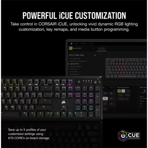 CORSAIR Vezetékes Billentyűzet Gaming, K70 CORE RGB, Mechanikus, MLX Red switch, 104 gombos, US, fekete
