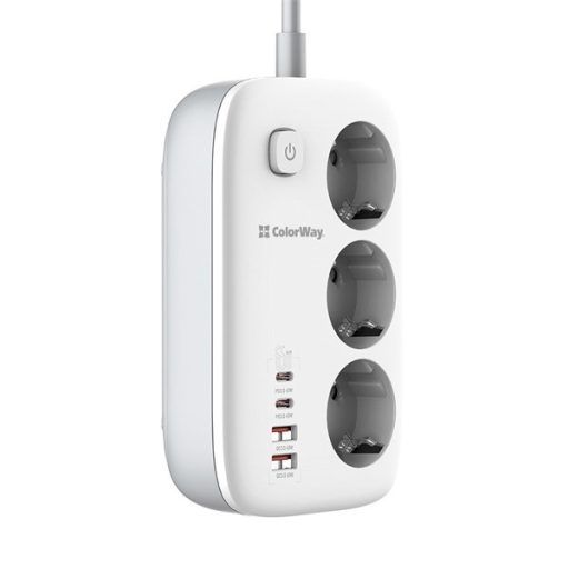 COLORWAY Hálózati elosztó, CW-CHE34PDW, 3 dugalj, 4xUSB (2xUSB-A, 2XTYPE-C) GaN3 Pro PD 2m, 65W, fekete