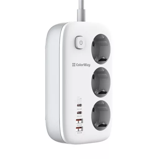 COLORWAY Hálózati elosztó, CW-CHE34PDW, 3 dugalj, 4xUSB (2xUSB-A, 2XTYPE-C) GaN3 Pro PD 2m, 65W, fekete