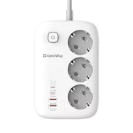   COLORWAY Hálózati elosztó, CW-CHE34PDW, 3 dugalj, 4xUSB (2xUSB-A, 2XTYPE-C) GaN3 Pro PD 2m, 65W, fekete