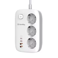   COLORWAY Hálózati elosztó, CW-CHE34PDW, 3 dugalj, 4xUSB (2xUSB-A, 2XTYPE-C) GaN3 Pro PD 2m, 65W, fekete
