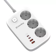   COLORWAY Hálózati elosztó, CW-CHE34PDW, 3 dugalj, 4xUSB (2xUSB-A, 2XTYPE-C) GaN3 Pro PD 2m, 65W, fekete