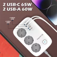   COLORWAY Hálózati elosztó, CW-CHE34PDW, 3 dugalj, 4xUSB (2xUSB-A, 2XTYPE-C) GaN3 Pro PD 2m, 65W, fekete