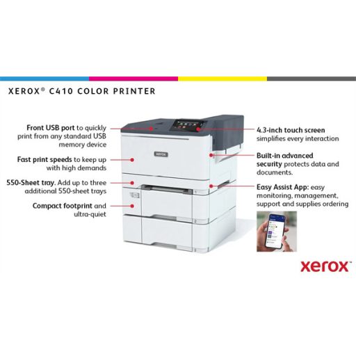XEROX Színes lézernyomtató C410, A4, 40 l/p, duplex, 125.000 ny/hó, 1GB, LAN/USB/WiFi, 1200x1200dpi, 250 lap adagoló