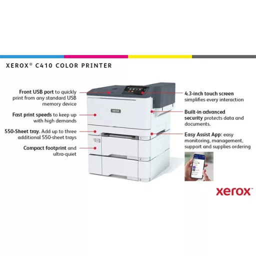 XEROX Színes lézernyomtató C410, A4, 40 l/p, duplex, 125.000 ny/hó, 1GB, LAN/USB/WiFi, 1200x1200dpi, 250 lap adagoló