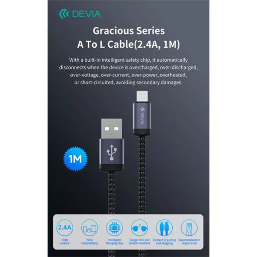 DEVIA ST108035 Gracious v2 12W USB/Lightning adat-és töltőkábel, fekete, 1m