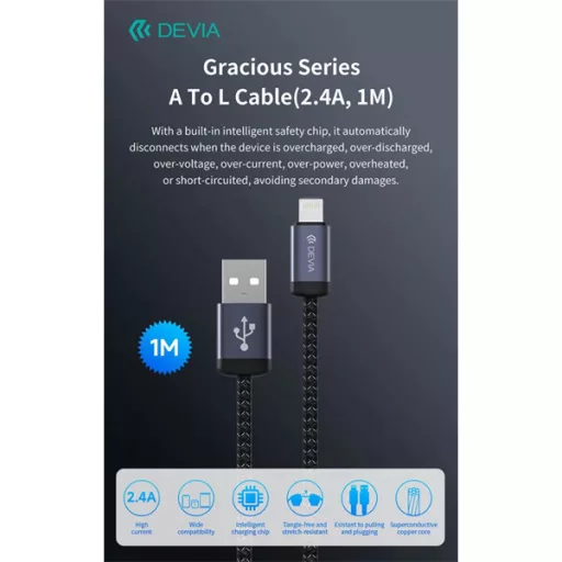 DEVIA ST108035 Gracious v2 12W USB/Lightning adat-és töltőkábel, fekete, 1m