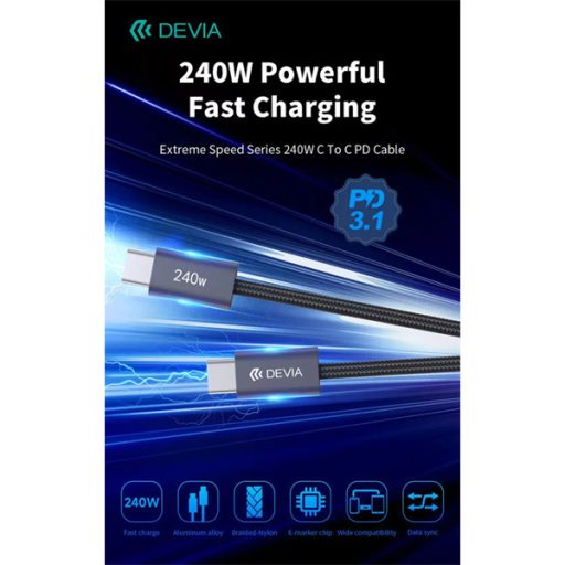DEVIA ST108721 Extreme Speed PD 240W, USB-C - USB C (Type-C) adat-és töltőkábel, fekete, 2m