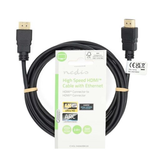 Nedis CVGL34060BK20 ultra HD HDMI kábel, HDMI dugó - dugó, 4K@60Hz, ARC, 18 Gbps, aranyozott csatlakozók, hossz 2m
