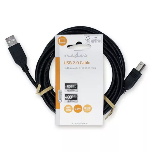 Nedis CCGL60100BK30 USB2.0, USB A - B kábel, 480Mbs, 10W, hossz 3m