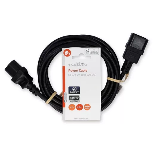 Nedis CEGL10500BK20 tápkábel IEC-320-C14 - IEC-320-C13, 3 x 0.75 mm, C13-C14, PC, M/F, 2m