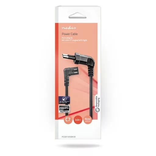 Nedis CEGL11055BK30 tápkábel, Euro dugó,  IEC-320-C7,  pipa, szögben balra, 3m, fekete
