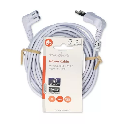 Nedis CEGL11055WT30 tápkábel, Euro dugó,  IEC-320-C7,  pipa, szögben balra, 3m, fehér