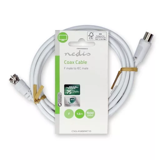 Nedis CSGL41800WT15 F dugó - koax dugó kábel, 75 Ohm, dupla árnyékolás, 1.5m