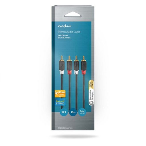 Nedis CABW24200AT100 sztereo audió kábel 2x RCA férfi,  2x RCA férfi, Aranyozott,  10 m , kerek,  Antracit