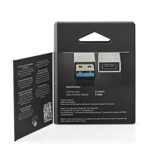 Nedis CCTB60925AL USB-A adapter, USB 3.2 Gen 1, USB-A férfi, USB-C™ anya, 5 Gbps,  kerek,  Nikkelezett, Ezüst