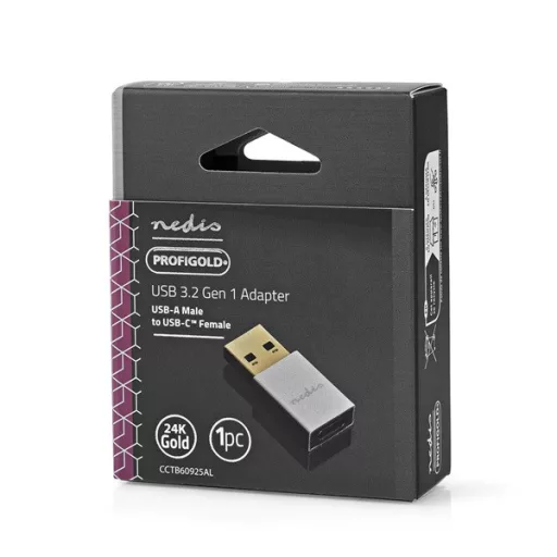 Nedis CCTB60925AL USB-A adapter, USB 3.2 Gen 1, USB-A férfi, USB-C™ anya, 5 Gbps,  kerek,  Nikkelezett, Ezüst