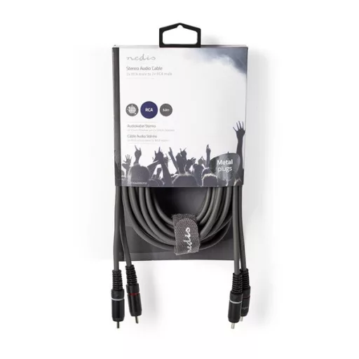 Nedis COTH24200GY50 sztereo audio kábel, 2x RCA dugó,  2x RCA dugó, Nikkelezett,  5 m, rugalmas