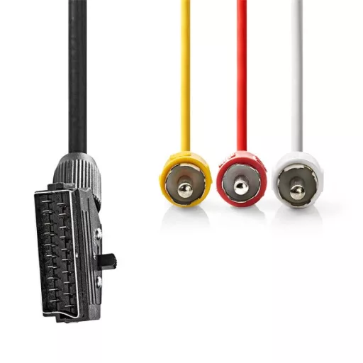 Nedis CVGP31130BK10 SCART kábel, 3x RCA férfi, Nikkelezett, Kapcsolható, 480p, 1,00 m, kerek, PVC, Fekete