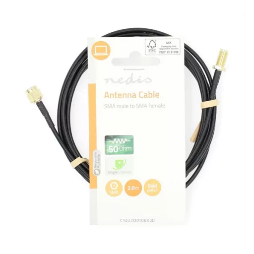 Nedis CSGL02010BK20 SMA kábel, SMA férfi,  SMA nő, Aranyozott, 50 Ohm,  árnyékolt, 2 m | kerek,  PVC, Fekete