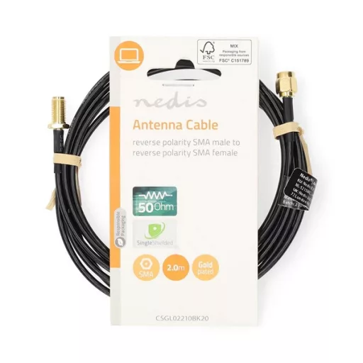 Nedis CSGL02210BK20 SMA kábel, RP SMA férfi, RP SMA női, Aranyozott, 50 Ohm, Egyetlen árnyékolt, 2,00 m, kerek