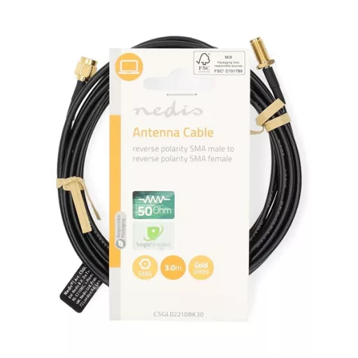 Nedis CSGL02210BK30 SMA kábel, RP SMA férfi, RP SMA női, Aranyozott, 50 Ohm, Egyetlen árnyékolt, 3,00 m, kerek