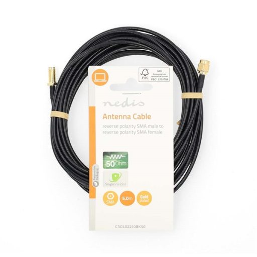 Nedis CSGL02210BK50 SMA kábel, RP SMA férfi, RP SMA női, Aranyozott, 50 Ohm, Egyetlen árnyékolt, 5,00 m, kerek