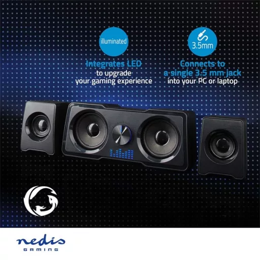 Nedis GSPR21022BK gamer hangszóró készlet, csatornák: 2.2, USB tápellátás, 3,5 mm jack, 48 W, LED, hangerőszabályozó