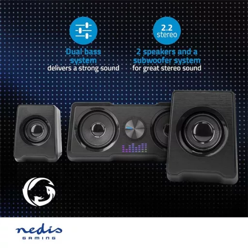 Nedis GSPR21022BK gamer hangszóró készlet, csatornák: 2.2, USB tápellátás, 3,5 mm jack, 48 W, LED, hangerőszabályozó