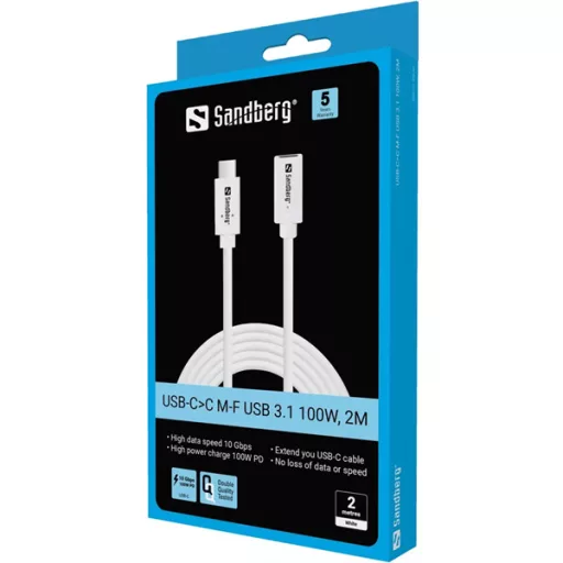 SANDBERG USB-C tartozék, USB-C>C M-F USB 3.1 100W, 2M