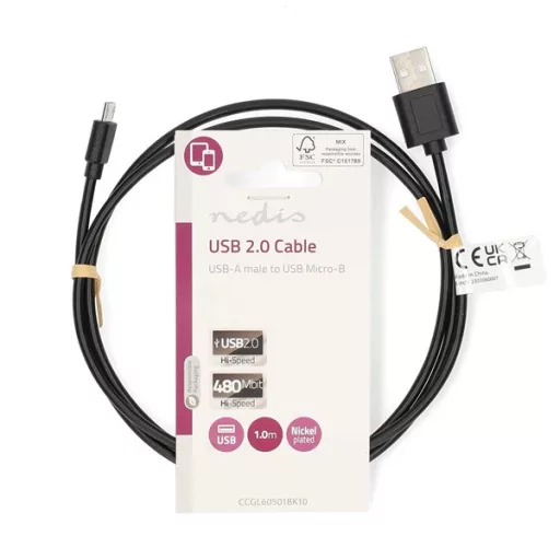 Nedis CCGL60501BK10 USB micro B (micro USB)kábel, USB 2.0  USB-A dugó  USB Micro-B dugó  7,5 W 480 Mbps. 1m