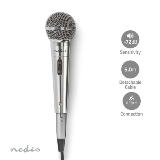 Nedis MPWD45GY dinamikus mikrofon, levehető kábel 5m, 80 Hz - 13 kHz 600 Ohm -72 dB Be/Ki kapcs.fém ezüst