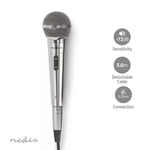 Nedis MPWD45GY dinamikus mikrofon, levehető kábel 5m, 80 Hz - 13 kHz 600 Ohm -72 dB Be/Ki kapcs.fém ezüst