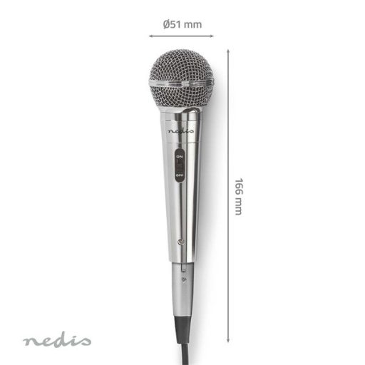 Nedis MPWD45GY dinamikus mikrofon, levehető kábel 5m, 80 Hz - 13 kHz 600 Ohm -72 dB Be/Ki kapcs.fém ezüst