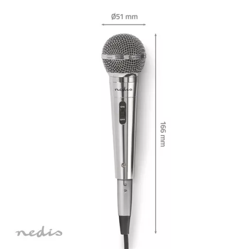 Nedis MPWD45GY dinamikus mikrofon, levehető kábel 5m, 80 Hz - 13 kHz 600 Ohm -72 dB Be/Ki kapcs.fém ezüst