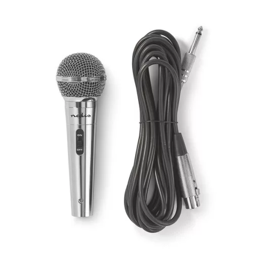 Nedis MPWD45GY dinamikus mikrofon, levehető kábel 5m, 80 Hz - 13 kHz 600 Ohm -72 dB Be/Ki kapcs.fém ezüst