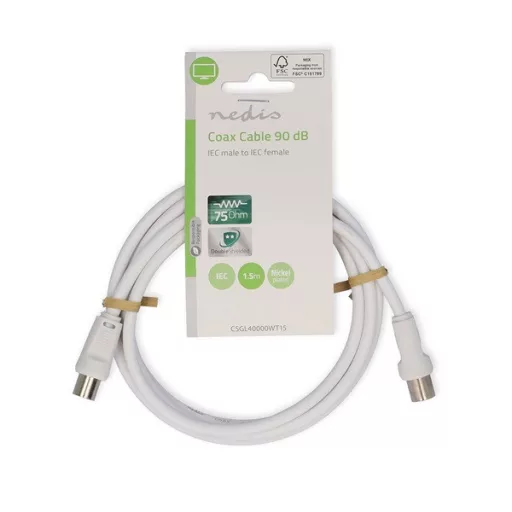 Nedis CSGL40000WT15 koax kábel, IEC (koaxiális) dugó IEC (koaxiális) hüvely Nikkelezett 90 dB 75 Ohm Dupla árny. 150m