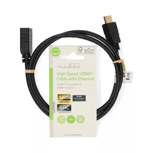 Nedis ultra HD HDMI hosszabbító (toldó) kábel CVGL34096BK10, HDMI dugó - aljzat, 4K@60Hz, ARC, 10,2 Gbps, 1 m
