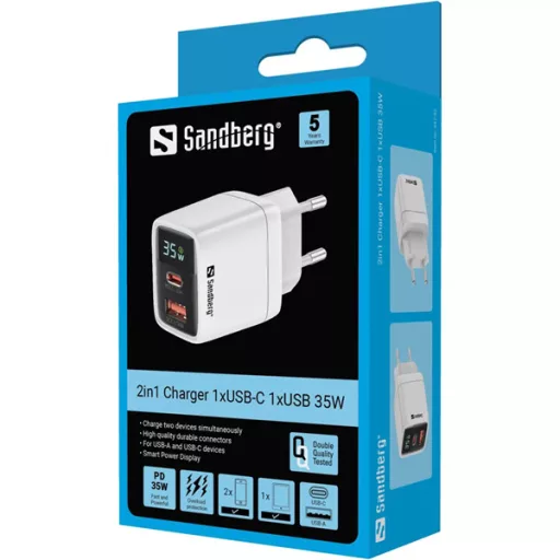 SANDBERG Hálózati töltő, 2 in 1 Charger 1x USB C 1x USB 35W