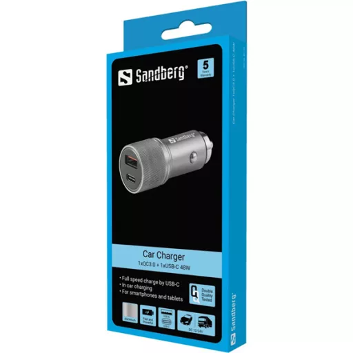 SANDBERG Autós töltő, Car Charger 1xQC3.0+1xUSBC 48W