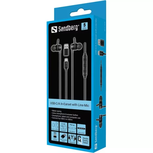 SANDBERG Fülhallgató, USB-C/A In-Earset with Line-Mic