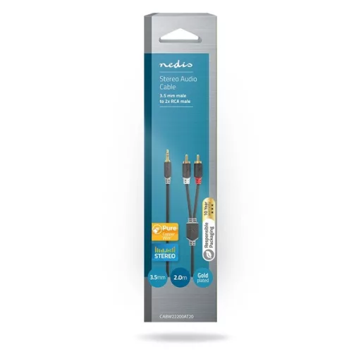 Nedis CABW22200AT20 sztereo audió kábel 3,5mm sztereo jack - 2x RCA,  Aranyozott,  2 m